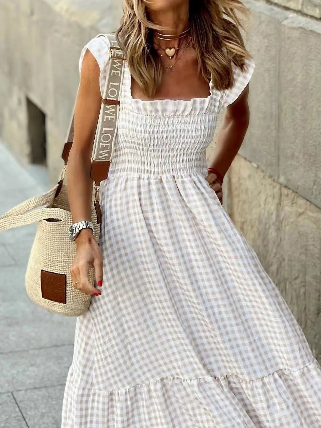 Smocked Gingham Maxi Dress with Ruffle Straps Secondary image