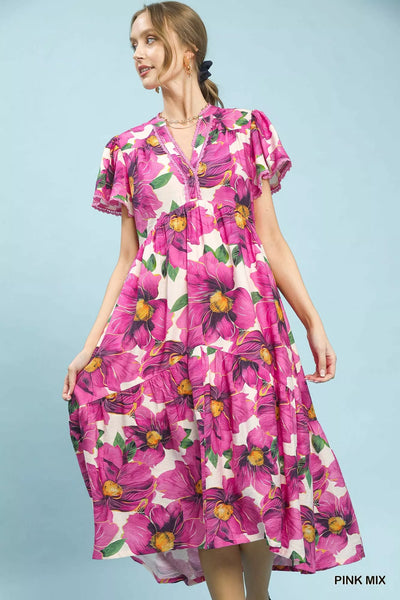 Umgee Tropical Floral V-Neck Flutter Sleeve Dress
