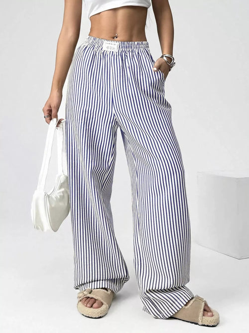 Striped High-Waisted Wide Leg Pants with Drawstring and Pockets